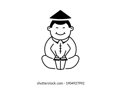 Chinese man in traditional dress eating instant noodles logo in flat style. Chinese food mascot isolated on white background