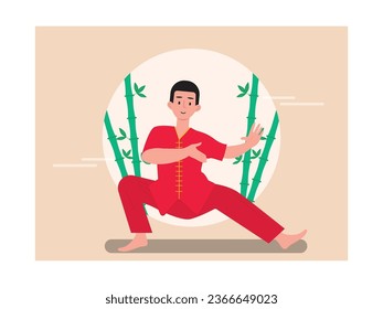 Chinese man wearing a red uniform is practicing kung fu behind a bamboo tree. Character design. Vector flat illustration