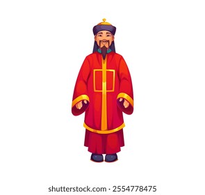 Chinese man wearing traditional red attire for Lunar New Year celebrations, symbolizing prosperity, good fortune, cultural heritage and festive traditions. Isolated vector cheerful male character