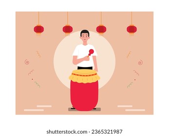 Chinese man in white t-shirt is playing drums, traditional festival with lantern decoration. Character design. Vector flat illustration