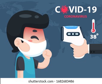 A Chinese man who is ill with a cough and has a high fever is checking his body temperature with a thermometer.