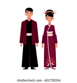 Chinese man and woman in national costumes, embroidered dress and long robe with jacket, cartoon vector illustration isolated on white background. 