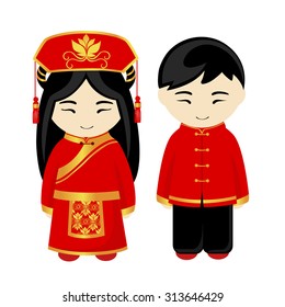 Chinese man and Chinese woman. Chinese people. Chinese national costume, national dress and a hat. Chinese national headdress.