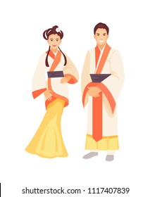 Chinese man and woman in traditional clothes. Vector illustration