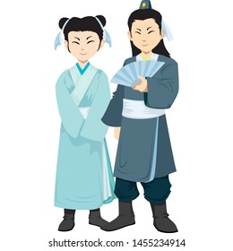 Chinese man and woman in the traditional clothing isolated on white background. Vector Illustration