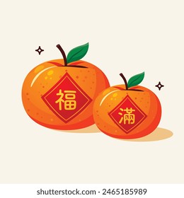 Chinese mandarins orange with red labels illustration vector. Translation: Blessing, Full.