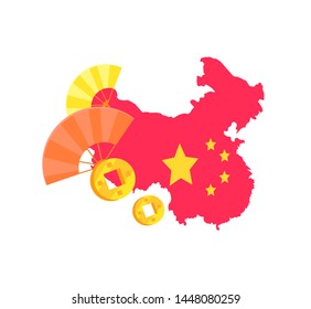 Chinese map with flag vector, isolated representation of China and stars, decoration of hand fans used to get rid of heat. Asian country traditional colors