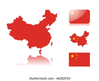 Chinese map including: map with reflection, map in flag colors, glossy and normal flag of China.