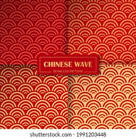 Chinese marine seamless vector pattern. Vector set. Sea waves elements silhouettes on red background. Monochrome, oriental, japanese, asian backgrounds. Endless print textures.