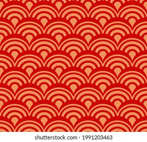 Patrón vectorial sin costuras marino chino. Olas marinas adornan siluetas sobre fondo rojo. de origen oriental, japonés y asiático. Textura de impresión sin fin.