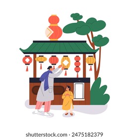 Chinese market stall with paper lanterns. Traditional street kiosk in China town, mom and kid with ornaments. Asian booth with new year decor. Flat vector illustration isolated on white background