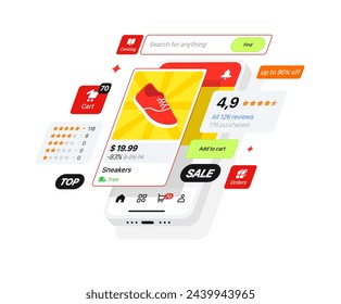 The Chinese Marketplace is displayed on the Phone. Flying 3d panels of the Interface of Mobile Application. Online Store for the Sale and Purchase of goods. E-commerce concept Vector illustration