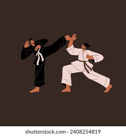 Chinese martial art. Professional kung fu fighter hits, punches competitor. Karate sportsmen training techniques, sparring. Japanese sport battle, fight competition. Flat isolated vector illustration