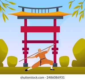 Artes marciales chinas. Kung Fu. Un hombre con un uniforme especial entrena con un bastón de bambú. Resistencia y fuerza. Entrenamiento duro en el jardín. Día de verano. Ilustración vectorial aislada sobre fondo blanco.