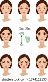 Chinese massage with Gua Sha stones. Lines of massage on the face, vector illustration