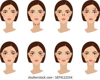 Chinese massage with Gua Sha stones. Lines of massage on the face, vector illustration