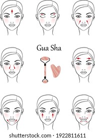 Chinese massage with Gua Sha stones. Lines of massage on the face, vector illustration