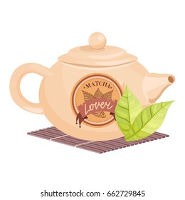 Chinese Matcha tea elements. Chinese teapot with green tea leaves staying on bamboo placemat. Contain badge (bage) suitable for logo. Isolated on white