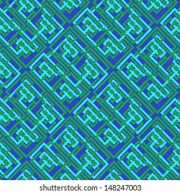 Chinese Maze pattern in green and turquoise colors on a blue background 