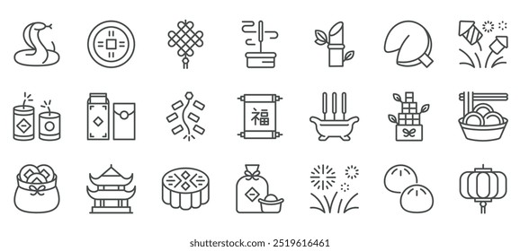 Chinese means - Luck. Chinese New Year Icons Set. Vector Isolated Pictograms of Traditional Symbols Snake, Coin, Firecrackers, Red Envelopes, Lanterns, Asian Food, Pagoda, Ritual, Gift, Mooncake