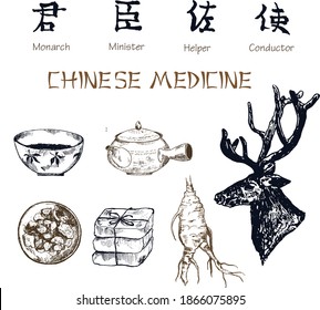 Chinese medicine ink pen sketch isolated on white background. Chinese medical tea kettle, plant and herbs, deer antlers and ginseng root. Hieroglyphs means monarch, minister,helper, conductor.