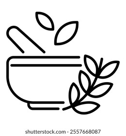 Chinese medicine round line vector icon with editable stroke, featuring herbs, leaves, and a bowl