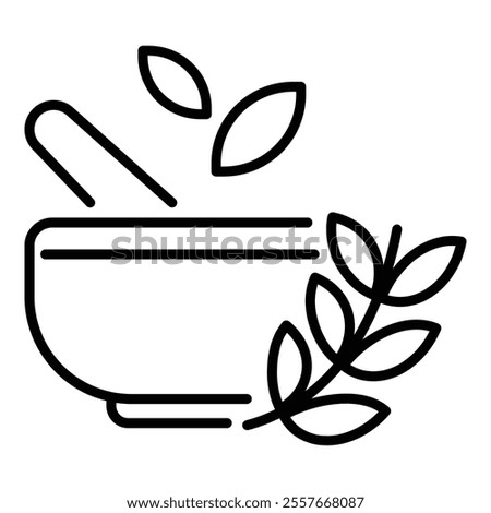 Chinese medicine round line vector icon with editable stroke, featuring herbs, leaves, and a bowl