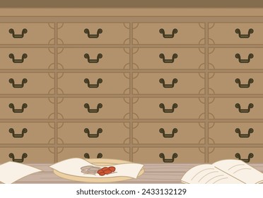 Chinese medicine shop, cabinet and table - flat illustration 