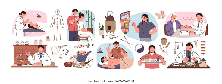 Medicina chinesa, conjunto de tratamento oriental tradicional. Terapia médica asiática com acupuntura, cupping, chá de ervas. Cura natural, cuidados de saúde. Ilustração de vetor plano isolada no plano de fundo branco