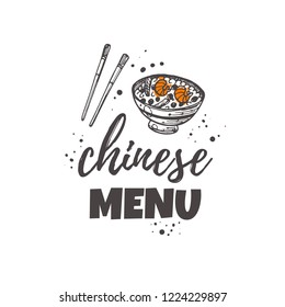 Chinese menu concept design. Sweet and sour. Asian oriental food. Hand drawn vector illustration. Can be used for cafe, market, shop, barbeque, bar, restaurant, poster, label, sticker, logo.