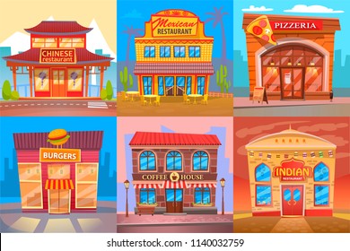 Chinese and mexican, indian restaurant with national cuisine and country genius. Burgers bar, pizzeria and coffee house public places vector poster.