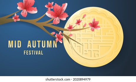 Chinese Mid Autumn festival background , yellow full moon with light with flowers of china red-pink on blue background  , Translation - Mid Autumn. illustration Vector EPS 10