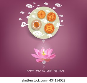 Chinese mid autumn festival background with lotus lantern, tea and cake
