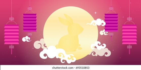 Chinese mid autumn festival background vector illustration, Rabbit in Luna full moon with Chinese lanterns. 