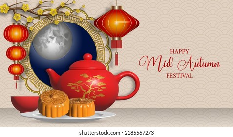 chinese mid autumn festival banner with teapot, mooncakes and red lanterns