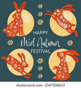 Chinese mid autumn festival banner with cute red rabbits, square shape design