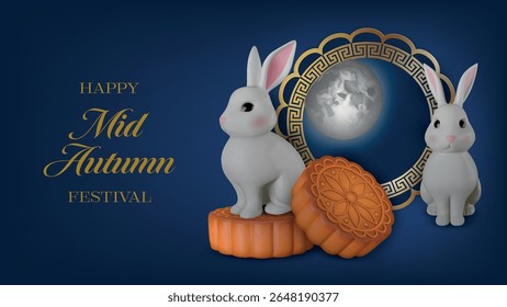 chinese mid autumn festival banner with 3d rabbits, mooncakes and full moon