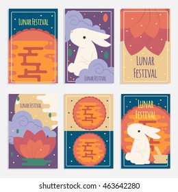 Chinese mid autumn festival banners in flat style. Vector lunar festival concept cards with rabbit, mortar and pestle, moon cake and lotus flower for web, mobile,  party invitations.