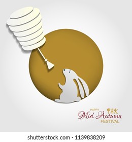 Chinese Mid Autumn Festival cover design. Asian hierogliph translation: Mid Autumn. Papper cut Rabbit, full moon  and china  lantern on white background