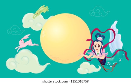 Chinese Mid Autumn Festival design with the goddess Chang Er and rabbits. 
