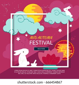 Chinese mid autumn festival design with rabbits, full moon and clouds. Abstract paper graphics concep for Mid Autumn festival (Chuseok). Vector creative banner for asian festival celebration.