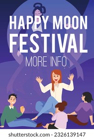 Chinese Mid Autumn festival greeting card web banner, flat vector illustration. Woman telling legends about Chang goddess to kids. Boy eating mooncake.