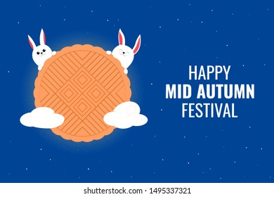 Chinese Mid Autumn Festival. Mooncake with clouds and hares. Vector illustration