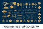 Chinese mid autumn festival ornaments. Traditional Asian lanterns, cherry blossoms and lotus flowers, bamboo, rabbits and clouds symbols. Decorations vector set. Chinese new year festive patterns.