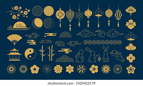 Chinese mid autumn festival ornaments. Traditional Asian lanterns, cherry blossoms and lotus flowers, bamboo, rabbits and clouds symbols. Decorations vector set. Chinese new year festive patterns.