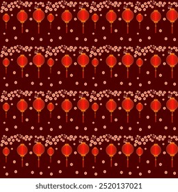 Chinese mid autumn festival ornaments. Traditional Asian lanterns, cherry blossoms and lotus flowers, bamboo, rabbits and clouds symbols. Decorations vector set. Chinese new year festive patterns.