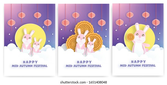 Chinese Mid Autumn Festival with paper cut style  on color Background. For banner and greeting card . vector  design . 
