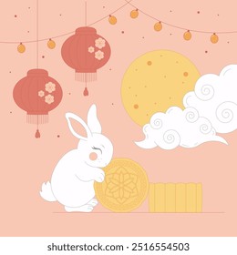Chinese Mid Autumn festival poster, greeting card. Moon, flowers, mooncakes, rabbits and clouds. Vector illustration.