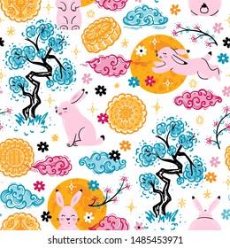 Chinese Mid Autumn Festival Vector Background. Colorful Seamless Pattern with Cartoon Cute Rabbit, Full Moon, Chinese Traditional Festive Food Mooncakes, Clouds and Bonsai Tree