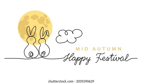 Chinese Mid Autumn Festival vector background, banner, poster with two rabbits looking at the moon. One line drawing art illustration with lettering happy festival.